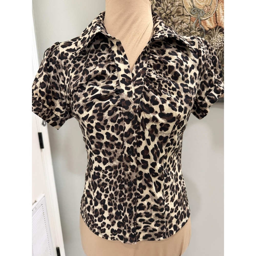 SheIn Shirt Womens XS Brown Leopard Print Button Front Puff Sleeve Top Collared